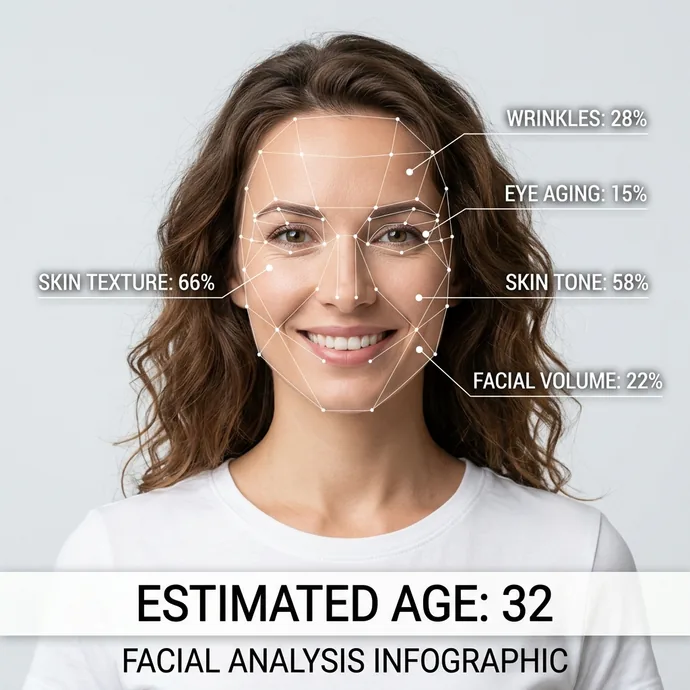 AI age analysis result showing estimated age with facial feature overlay