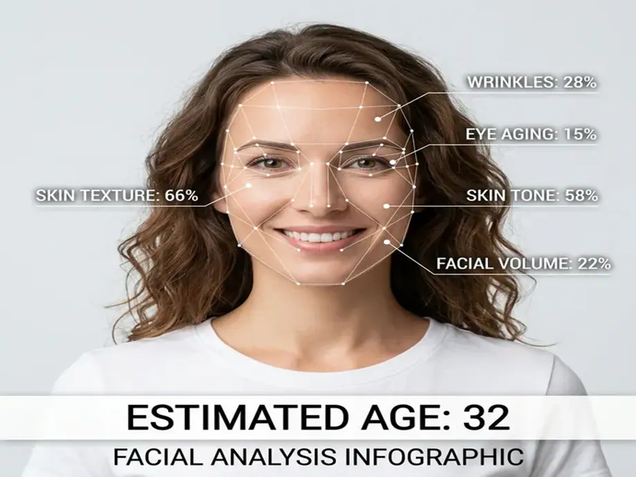 Age calculator by photo result showing facial analysis and an estimated age of 32